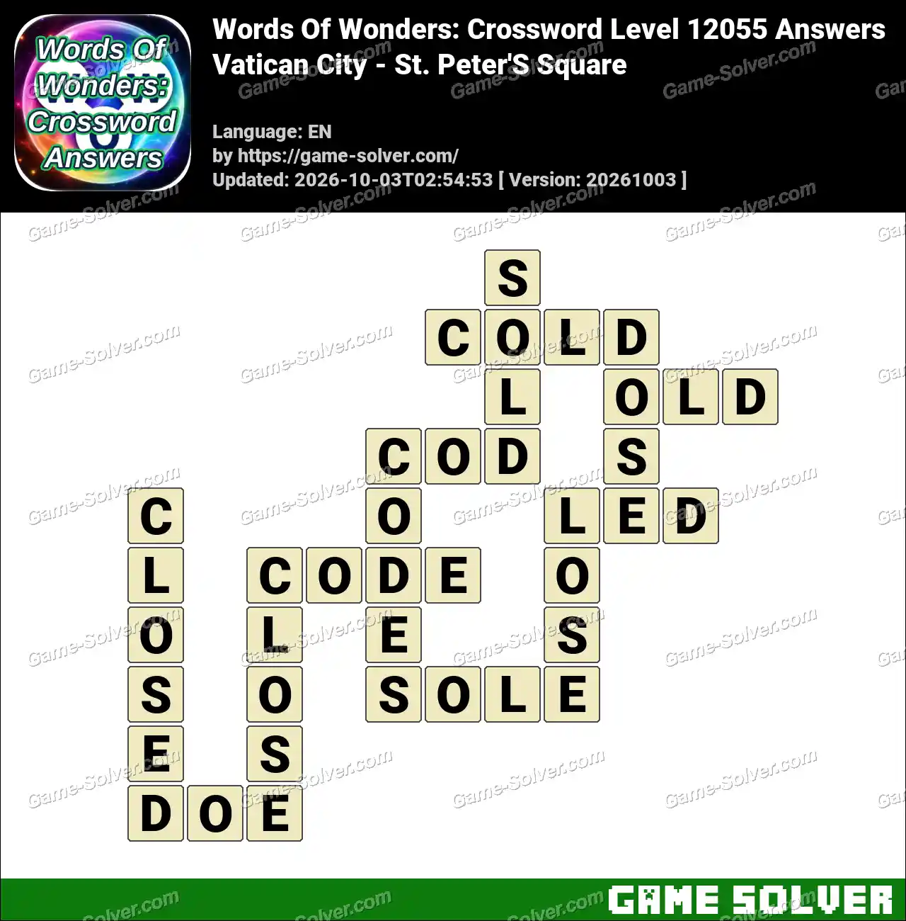 Words Of Wonders: Crossword Level 12055 Answers – Vatican City – St. Peter’S Square